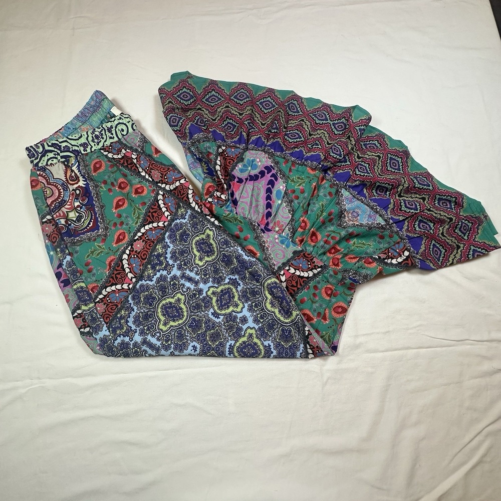 Umgee Patchwork Wide‎ Legs Ruffle Hem Boho Festival Hippie Women's Pants Size M